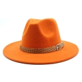 Close-up of bright orange felt fedora with brown braided band and silver buckle - M (56-58cm) / Orange