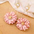 Elegant pink lace flower earrings with pearl accents and gold hooks for a summer look - E3664 Pink Fabric Pearl Ear Hook