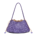 Purple handmade woven leather shoulder bag with drawstring closure and Intrecciato style - Lavender