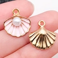 Pink enamel and gold metal seashell pendant charms with white pearl detail for DIY jewelry - Pink Shell With Pearl