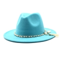Detail of teal fedora hat featuring gold chain with pearls and white tassel pendants - M (56-58cm) / Lake Blue