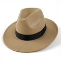 Detail of khaki wool fedora hat featuring a smooth felt texture and black ribbon band - M (56-58cm) / Camel