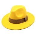 Close-up of bright yellow wool fedora hat with a contrasting brown decorative band - M (56-58cm) / Yellow