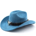 Détail d'un chapeau de cow-boy bleu en daim avec bande ethnique et tête de taureau argentée - M (56-58cm) / Bleu Lac