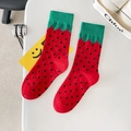 Vibrant strawberry patterned cotton socks with red polka dots and green ruffled cuffs - One Size / Red Strawberry