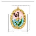 Pendentif émail ovale avec papillon violet, tulipe verte et bordure dorée - YE835-1 Tulipe Papillon Violet