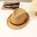 Classic straw fedora hat with brown leather buckle band on a minimalist background - Camel / L (58-60cm)