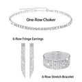 Detailed set of crystal single-row choker, 6-row tassel earrings, and elastic bracelet - 6-Row Rhinestone 3-Piece Set