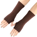 Dark brown knitted fingerless gloves for kids with ribbed cuffs and thumb hole design - One Size / Coffee