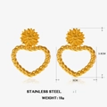 18K gold plated stainless steel heart earrings with sunflower relief and rope texture - Gold