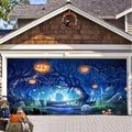 Halloween garage door banner featuring a spooky pumpkin forest for outdoor decoration - Ws0105 / Lightweight Polyester Fabric 480cm Wide X 210cm High (with Holes Rope Included + Installation Bag)