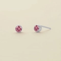 Pink round cut crystal stud earrings with polished silver stainless steel bezel setting - July Rose Red - Steel