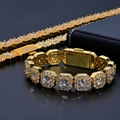 Detailed close-up of golden hip hop chain and bracelet with round cubic zirconia stones - Necklace 24 Inch (Approx 60.96cm) / Width 12mm / Gold