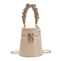 Beige crocodile pattern bucket bag with pleated handle and golden chain strap - Beige