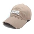 Detailed view of khaki cotton baseball cap with white NATURE embroidery and distressed brim - M (56-58cm) / Khaki
