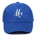 Close-up of premium white Mr embroidery on a classic dark blue cotton baseball cap - Adjustable / Blue MR
