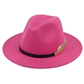 Pink wool fedora hat with black leather band and gold metal leaf detail on white background - Rose Red