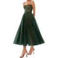 Elegant emerald green sequin slip dress with bustier bodice and flared A-line tulle skirt - US size 2 (S) / Bottoms / Dark Green