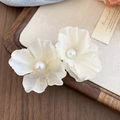 Detailed view of white fabric flower hair clip with pearl center for women - Pearl Fabric Flower Holiday Clip (76#) / Single Piece / White