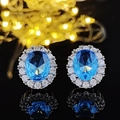 Elegant aquamarine oval stud earrings with white zircon halo and silver plating - Aquamarine Oval Earrings Led-81