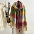 Close-up of rainbow plaid mohair scarf with thick tassels styled on a beige coat - 38*250cm / Red and Yellow Gingham