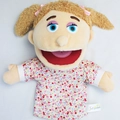 Storytelling plush hand puppet toy featuring a blonde character with floral print top - Daughter (Open Mouth)