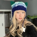 Blue and green crochet cat ear beanie with star patterns and hanging charms - Adult 56-59cm / Green Blue Purple