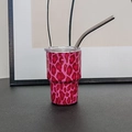 3oz portable stainless steel coffee tumbler with pink leopard print and metal straw - Leopard Pink