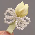 Floral hair clip with yellow silk tulip, pearl bow, and green fabric wrapped clamp - Pearl Yellow Elegant Style Hair Clip