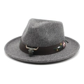 Dark grey felt cowboy hat featuring floral embroidery and a bronze bull head metal emblem - M (56-58cm) / Deep Heather Grey
