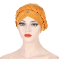 Ginger yellow milk silk turban featuring a braided front and silver pearl embellishments - Ginger with Silver Beads