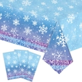 Mantel desechable de PE azul con copos de nieve y rayas brillantes para fiestas navideñas - Copo de Nieve Degradado a Rayas / 137*274cm