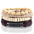 Macro detail of multi-layer woven bracelets with wood beads and Best Friend metal plate - Style G-Best Friend 4pcs Set
