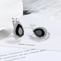 Pear-cut black onyx earrings in S925 sterling silver with sparkling halo zircon details - Black Diamond Earrings Led-125