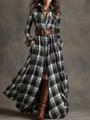 Detail of vintage plaid maxi dress with a brown leather belt and flared A-line hemline - S / Black Large Check