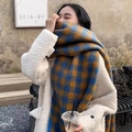 Winter plaid scarf in blue and orange check with soft fringe for warm seasonal style - Blue Orange Plaid (21)