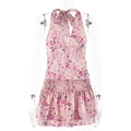 Set top all'americana a fiori rosa e minigonna a punto smock con scollo a V profondo - S / Rosa