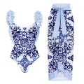 Blue and white floral print one-piece swimsuit set with a matching sarong and petal straps - S / Blue Floral One-Piece 2-Piece Set