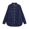 Women's dark blue denim shirt with double chest pockets and metal buttons on white background - XS / Blue