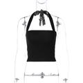 Detail view of the lace-up back design on a black halter neck tube top for women - S / Black