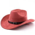 Detail eines roten Cowboyhuts aus Wildlederimitat mit schwarzem Lederband und Schnalle - M (56-58cm) / Ziegelrot