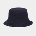 Detailed view of navy blue cotton canvas bucket hat with vintage frayed edge detail - One Size / Navy Blue