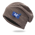 Brown ribbed knit beanie featuring blue AF letter patch and black lining detail - One Size / Coffee