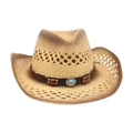 Chapeau de cowboy en paille ajourée avec bords brûlés, lien cuir et turquoise - Khaki-Bordure Brûlée en Dégradé (Perles en bois et décor turquoise)