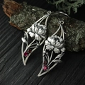 Retro silver vine earrings with branch leaf design and deep red garnet stones - Dark Red (D)