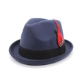 Classic navy blue wool fedora hat for men featuring a black ribbon and feather accent - M / Navy Blue