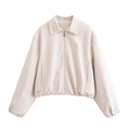 Women's chic beige PU leather jacket with lapel and zip closure in a flat lay view - XS / Off White