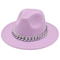 Close-up of lavender fedora hat featuring a chunky silver chain with colorful rhinestones - Taro Purple