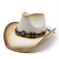 Straw western cowboy hat with turquoise bead band and rolled brim for outdoor sun protection - M (56-58cm) / Creamy White & Coffee