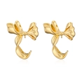 Macro shot of 18K gold plated bow earrings showing metallic texture on white background - Curled Bowknot Style (CE00236YS)